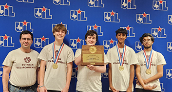  Cy-Fair HS students and sponsor holding first place UIL Academic Current Issues trophy